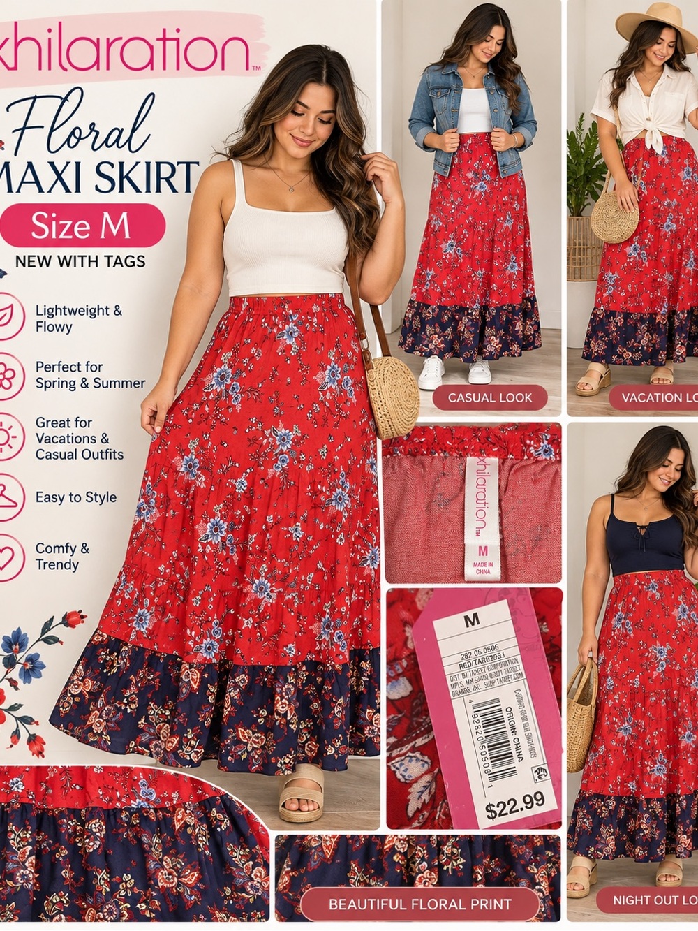 Xhilaration Red Floral Maxi Skirt with Navy Border size M NWT